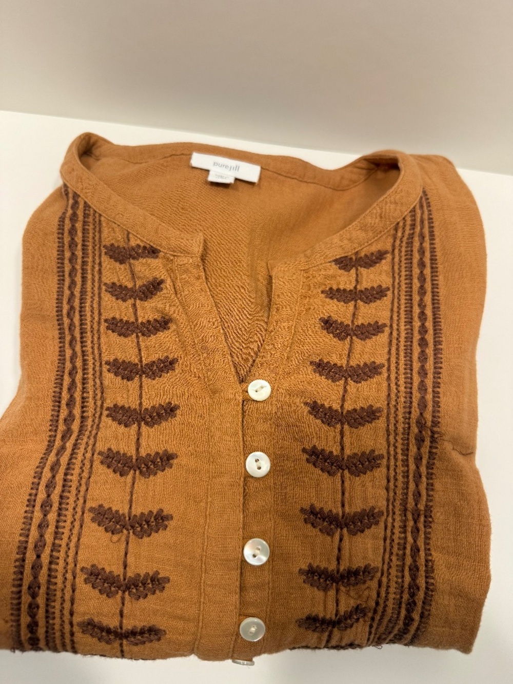 Pure Jill J Jill Blouse MP Rust Brown Embroidered Cotton Gauze Boho Peasant